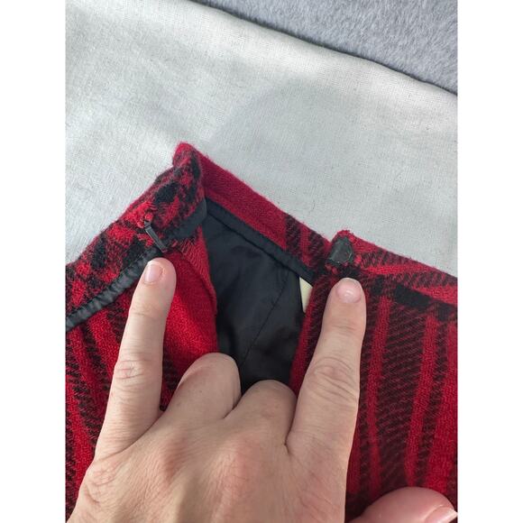 VTG Eddie Bauer Women's sz 8 Wool Blend Red & Black Plaid Midi Skirt 90s Fringe - Picture 5 of 10